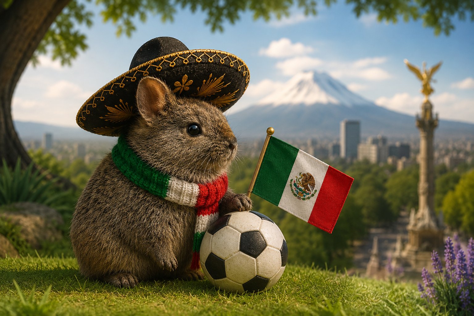 チャロ帽をかぶり、メキシコ三色のスカーフを身につけ、サッカーボールとメキシコ国旗を持ったテポリンゴ。背景にはポポカテペトル火山と独立記念塔（エル・アンヘル）が描かれている。