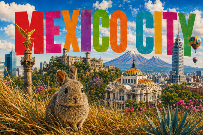 Der Teporingo (Romerolagus diazi), Mexikos endemisches Vulkankaninchen, im Bündelgras mit El Ángel de la Independencia, dem Palacio de Bellas Artes und dem Vulkan Popocatépetl im Hintergrund in Mexiko-Stadt